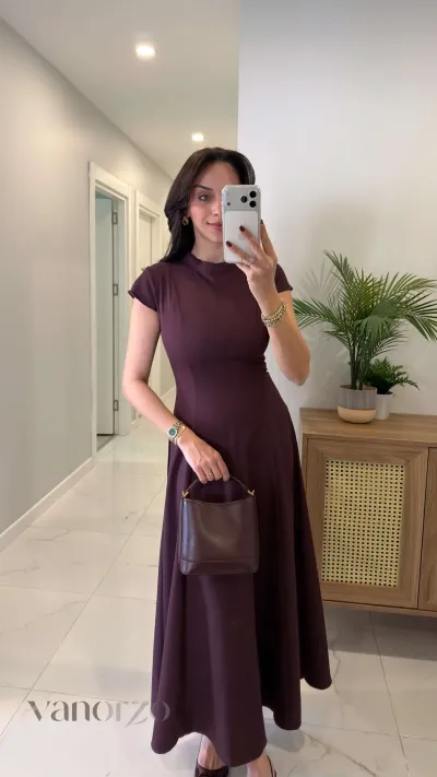 فستان نسائي ميدي كلاسيكي أنيق بياقة مرتفعة | Robe Midi Évasée Femme - عرض إضافي