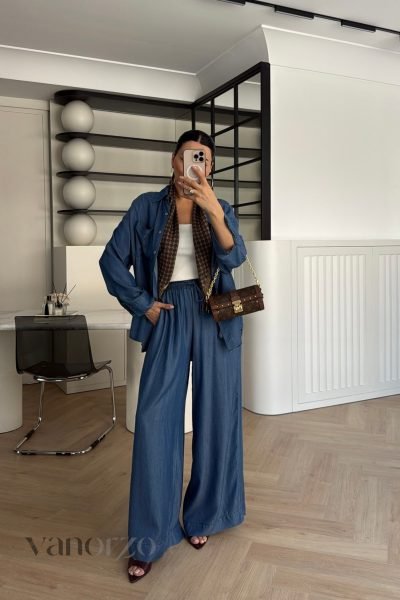 طقم جينز خفيف نسائي قطعتين (قميص فضفاض وسروال واسع بلستيك) | Ensemble Denim Soft - عرض إضافي