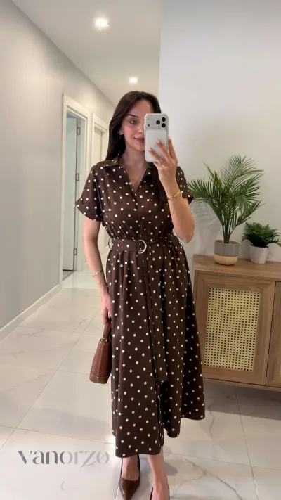 فستان نسائي ميدي أنيق بنقط مع حزام خصر | Robe Midi Polka Dots Femme - عرض إضافي