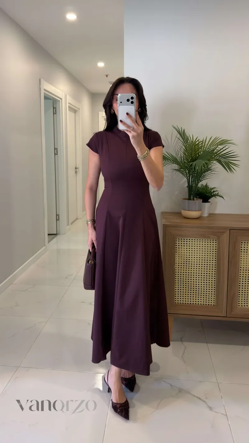 فستان نسائي ميدي كلاسيكي أنيق بياقة مرتفعة | Robe Midi Évasée Femme