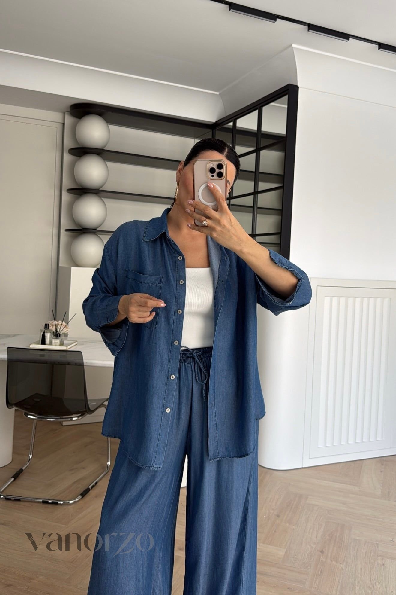 طقم جينز خفيف نسائي قطعتين (قميص فضفاض وسروال واسع بلستيك) | Ensemble Denim Soft