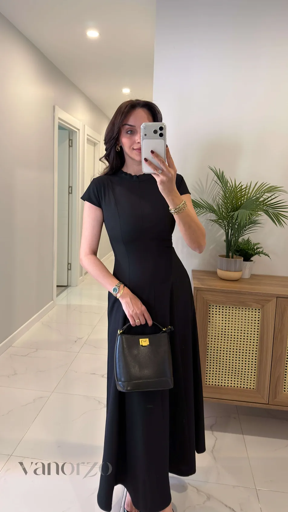 فستان نسائي ميدي كلاسيكي أنيق بياقة مرتفعة | Robe Midi Évasée Femme