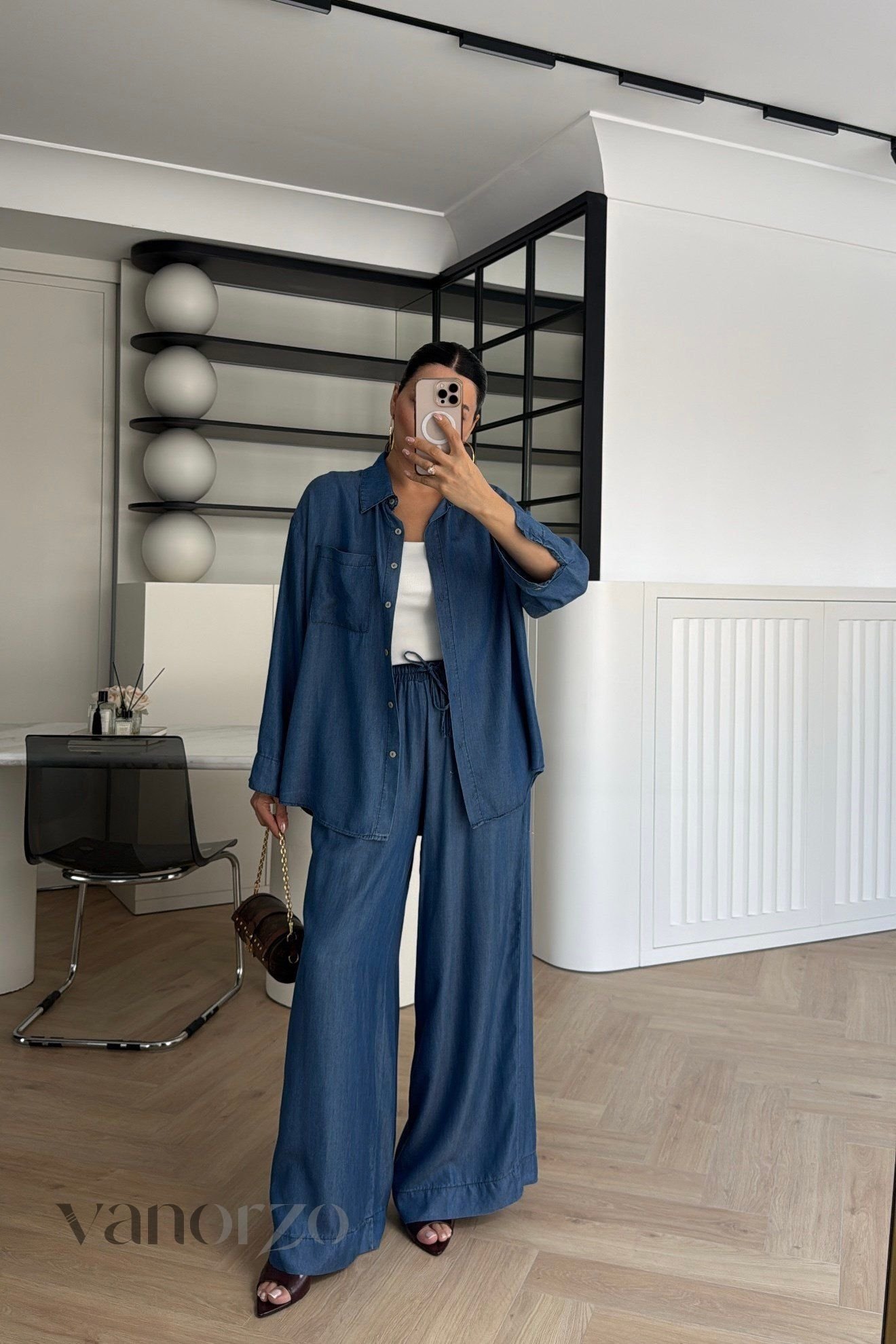 طقم جينز خفيف نسائي قطعتين (قميص فضفاض وسروال واسع بلستيك) | Ensemble Denim Soft