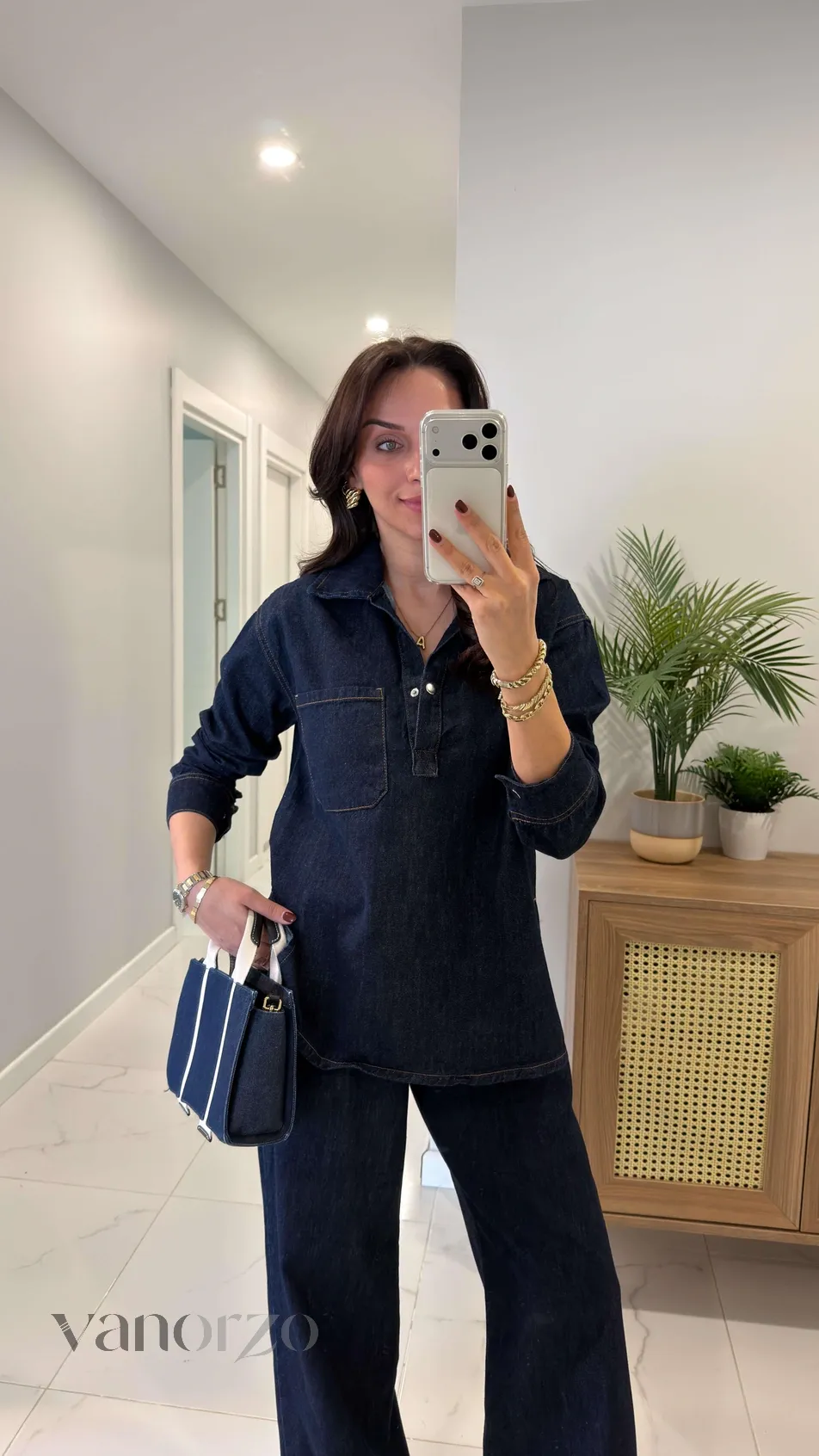 طقم جينز نسائي داكن قطعتين (تونيك بياقة وسروال واسع) | Ensemble Jean Dark Blue