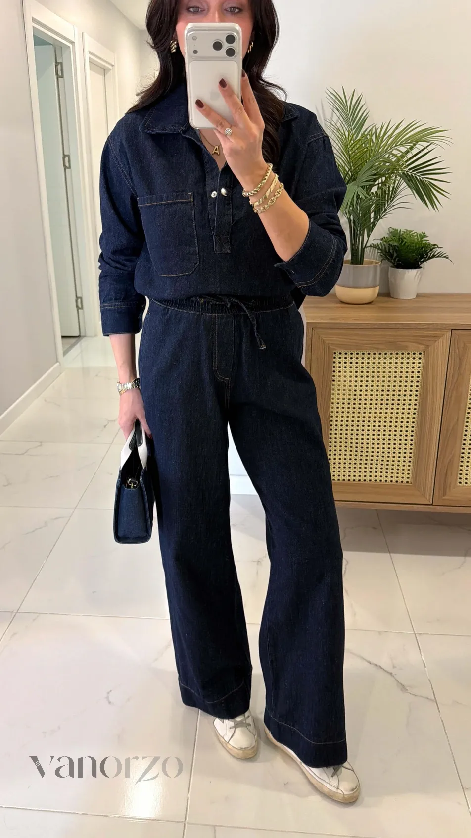 طقم جينز نسائي داكن قطعتين (تونيك بياقة وسروال واسع) | Ensemble Jean Dark Blue