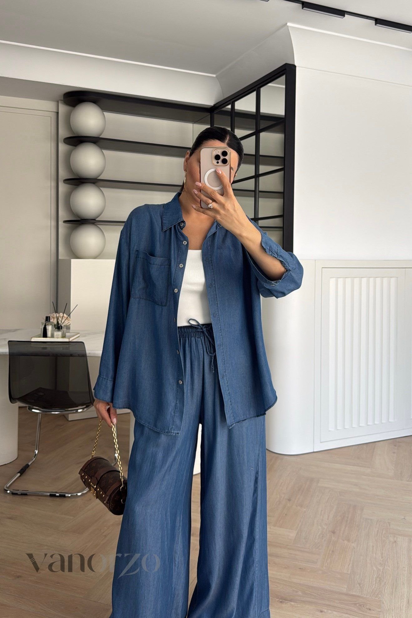 طقم جينز خفيف نسائي قطعتين (قميص فضفاض وسروال واسع بلستيك) | Ensemble Denim Soft