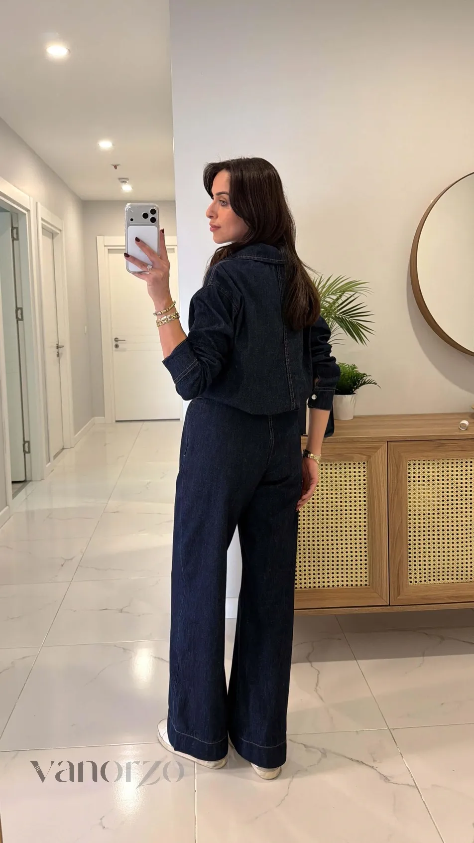 طقم جينز نسائي داكن قطعتين (تونيك بياقة وسروال واسع) | Ensemble Jean Dark Blue