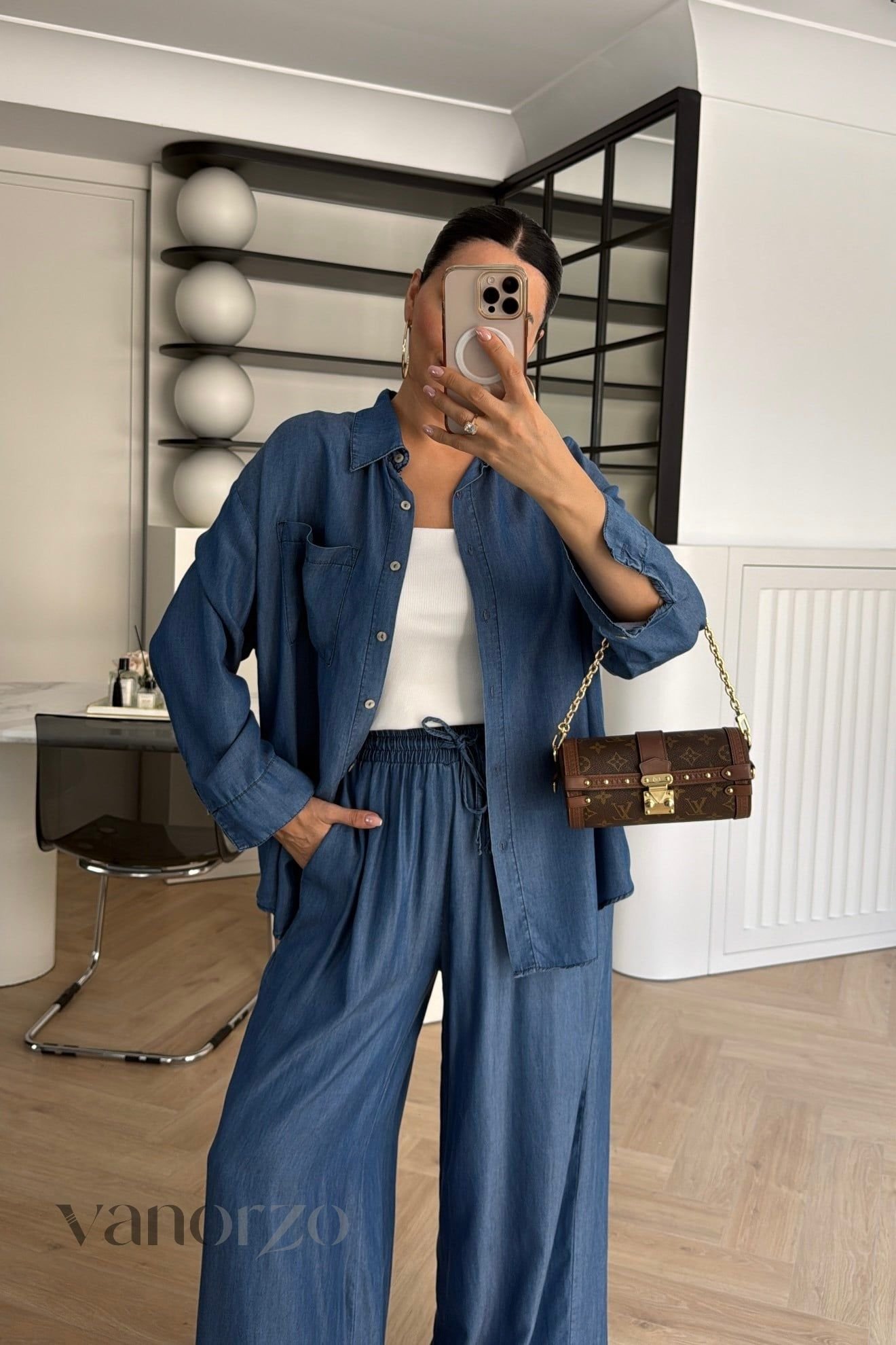 طقم جينز خفيف نسائي قطعتين (قميص فضفاض وسروال واسع بلستيك) | Ensemble Denim Soft