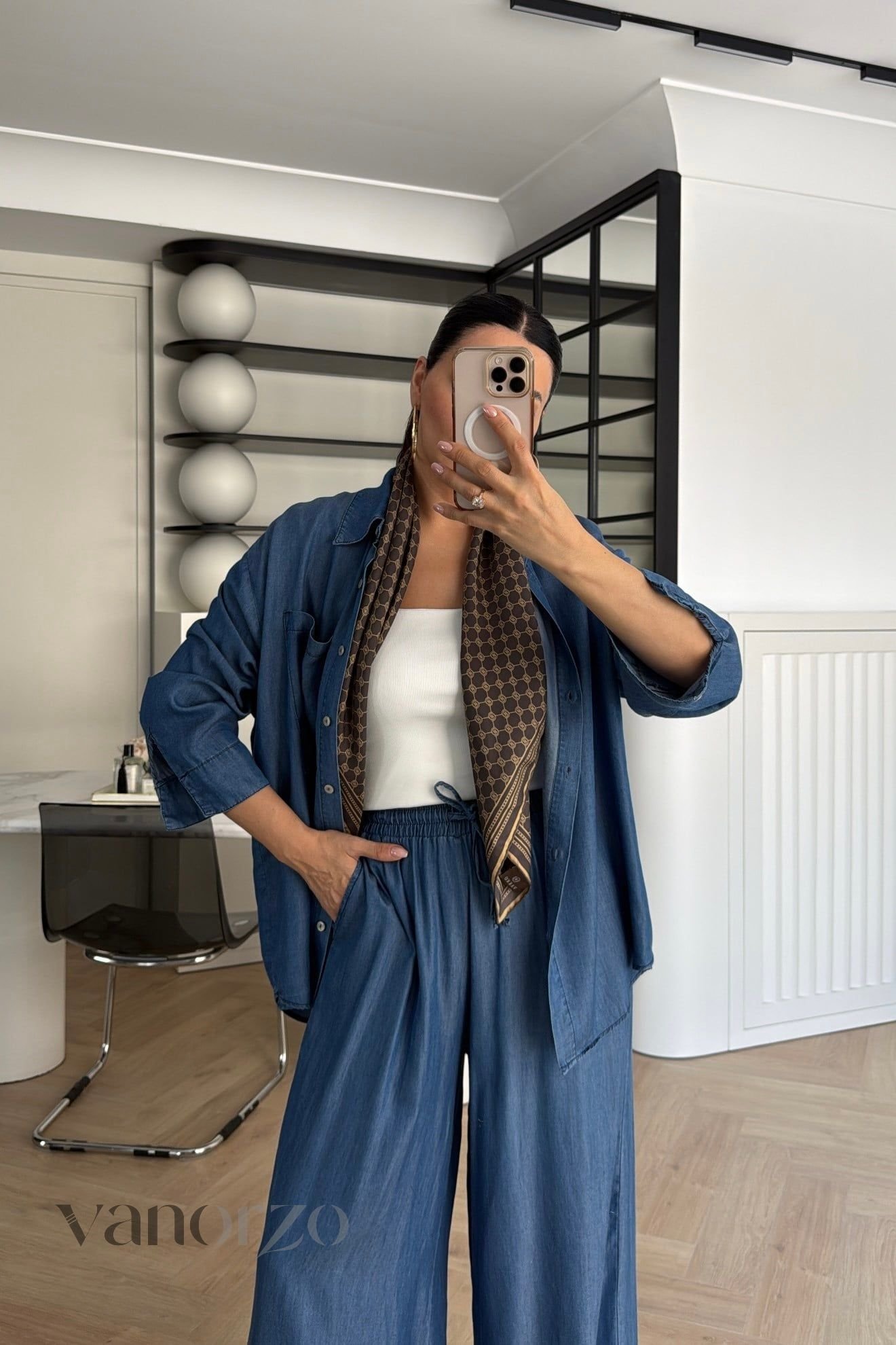 طقم جينز خفيف نسائي قطعتين (قميص فضفاض وسروال واسع بلستيك) | Ensemble Denim Soft
